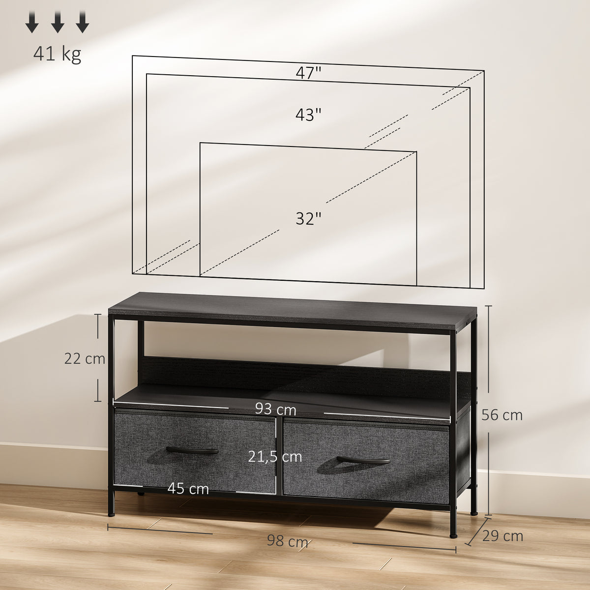 Meuble TV, meuble télé pour téléviseur jusqu'à 47 pouces avec 2 tiroirs et pieds en acier, 98 x 29 x 56 cm, gris foncé-2