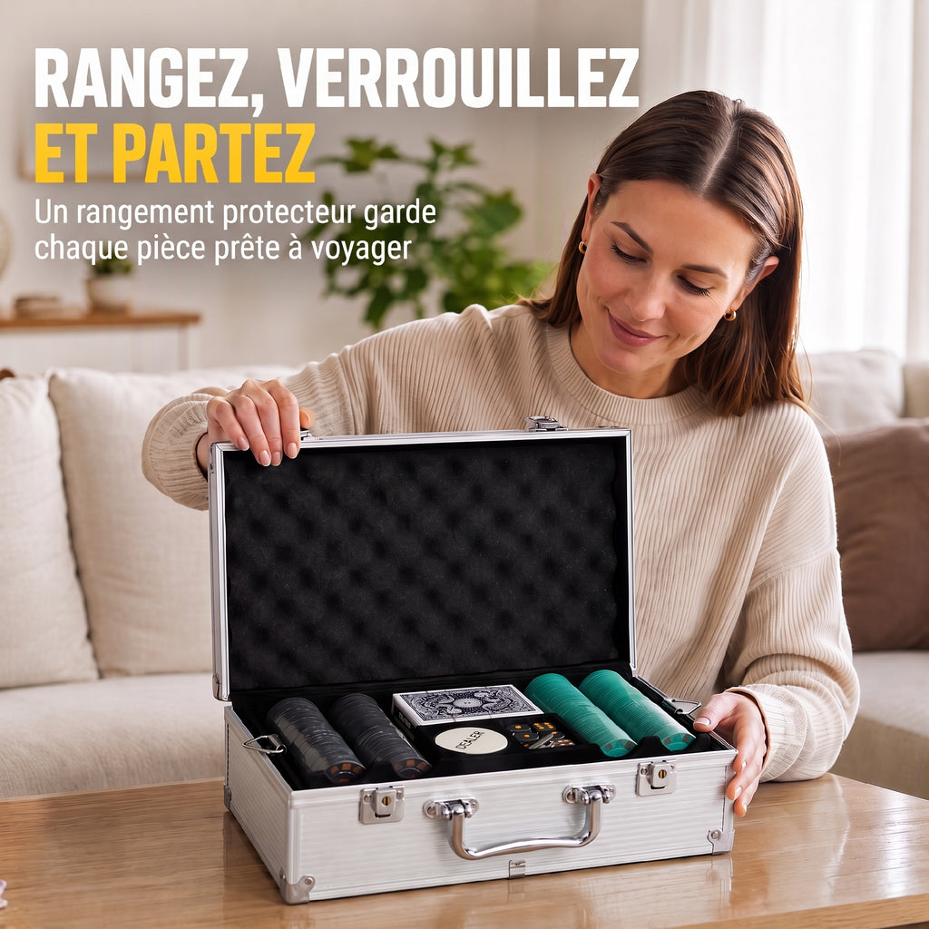 Mallette de Poker 500 Jetons 5 Valeurs, 2 Jeux de Cartes, Tapis de Jeu, Bouton Dealer, Blind, Alu, 31x17x11,5cm, Argenté-6