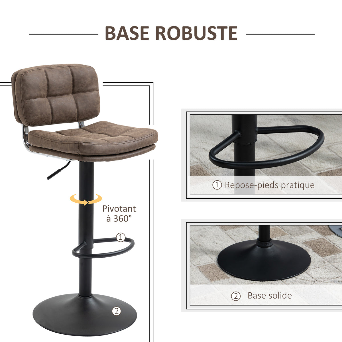 Lot de 2 tabourets de bar Vintage capitonné - pivotant, réglable - repose-pied - revêtement synthétique marron-4
