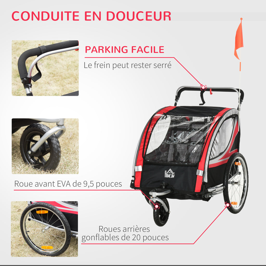 Remorque vélo pour enfant 2 en 1 convertible jogger poussette capacité 26,4 kg avec réflecteurs et drapeau - 2 places  - rouge-4