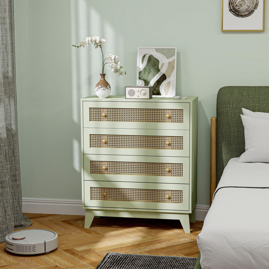 Commode 4 tiroirs meuble de rangement cannage en rotin aspect bois clair 80 x 35 x 95 cm vert-9