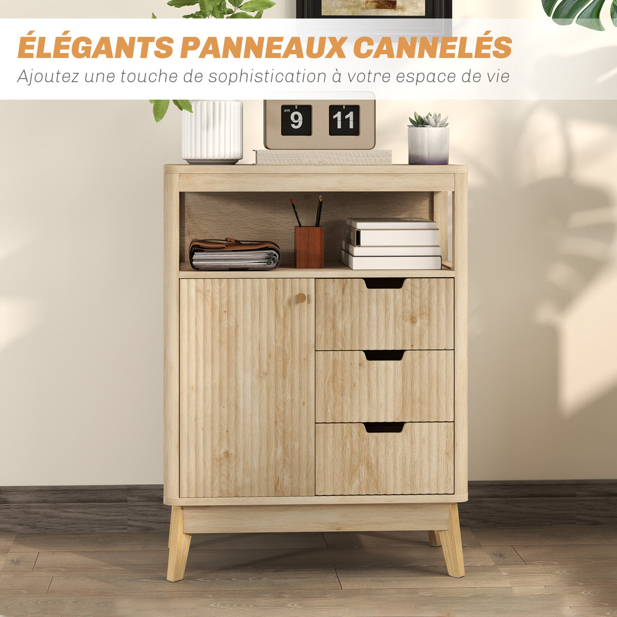 Buffet salon meuble de rangement avec placard à portes, étagère réglable et étagère ouvert, 60x30x81cm, bois naturel-3
