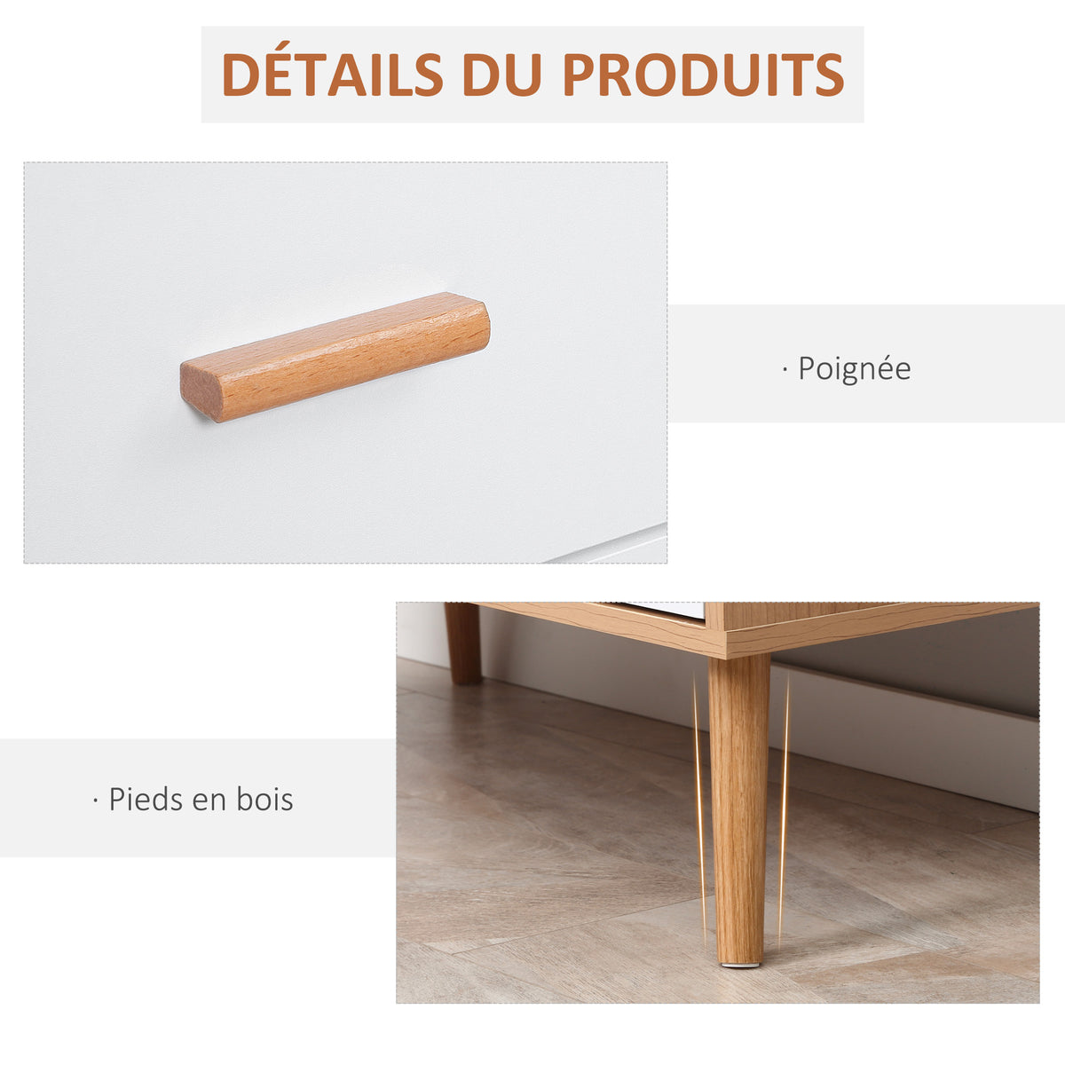 Commode Design scandinave 3 tiroirs coulissants Pieds effilés inclinés Panneaux Particules Aspect Bois Clair-4
