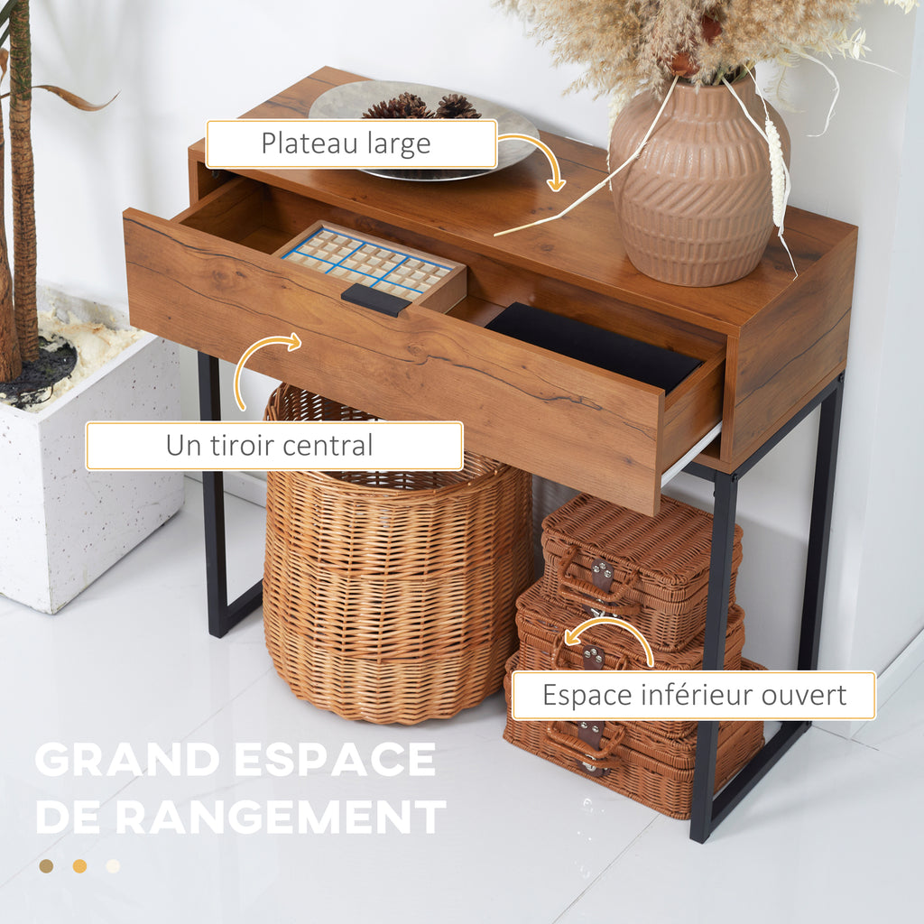 Console meuble, table console avec tiroir et pieds en acier, pour salon, entrée, couloir, 80 x 30 x 76 cm, marron-4