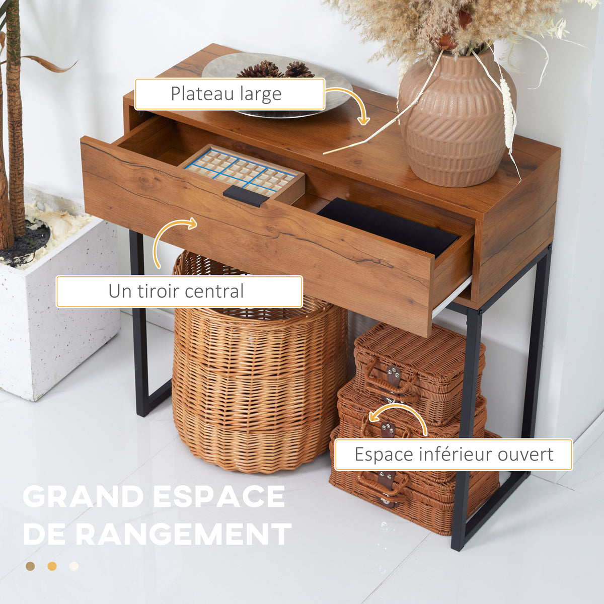 Console meuble, table console avec tiroir et pieds en acier, pour salon, entrée, couloir, 80 x 30 x 76 cm, marron-4