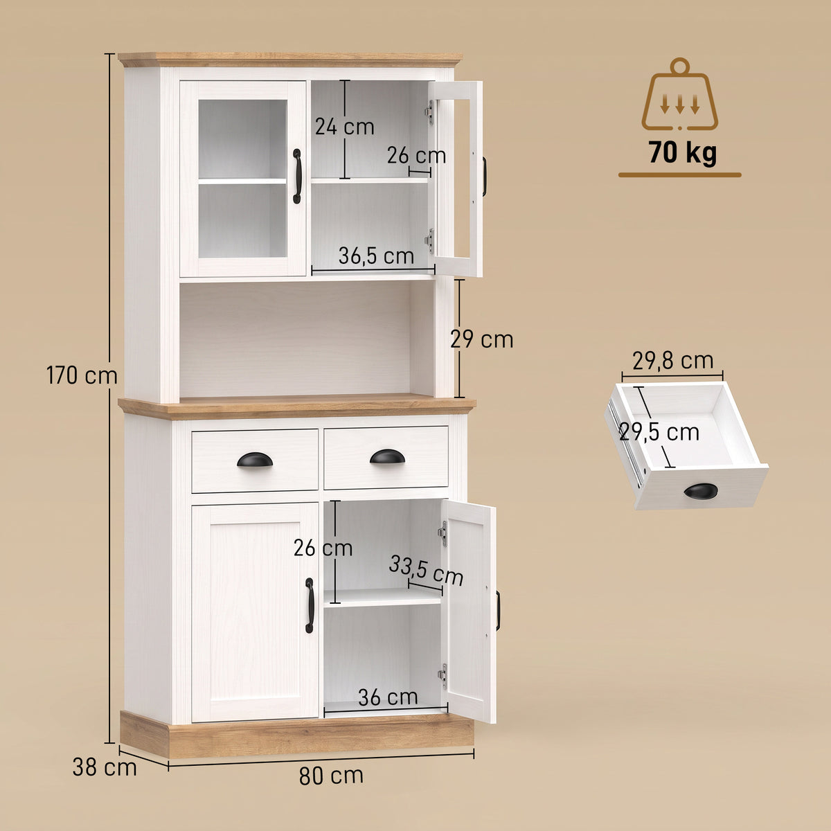 Buffet Haut Cuisine, Armoire Cuisine, 4 Portes dont 2 en Verre, 2 Tiroirs, Plan de Travail, Étagères Réglables, Blanc-2