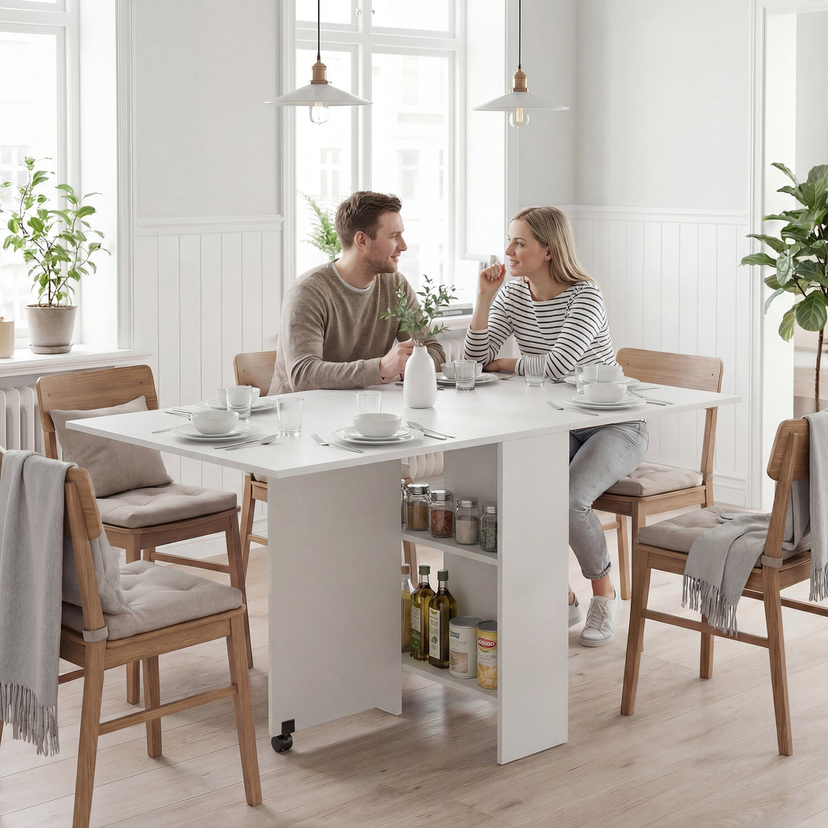 Table pliante de cuisine salle à manger amovible sur roulettes 75L x 140l x 74H cm blanc-1
