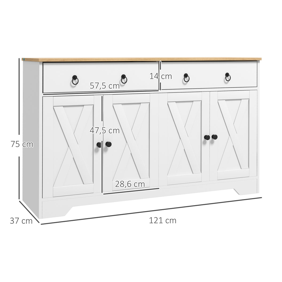 Buffet meuble de rangement armoire de cuisine style rural 2 tiroirs et 2 placards étagères à hauteurs réglables blanc-2