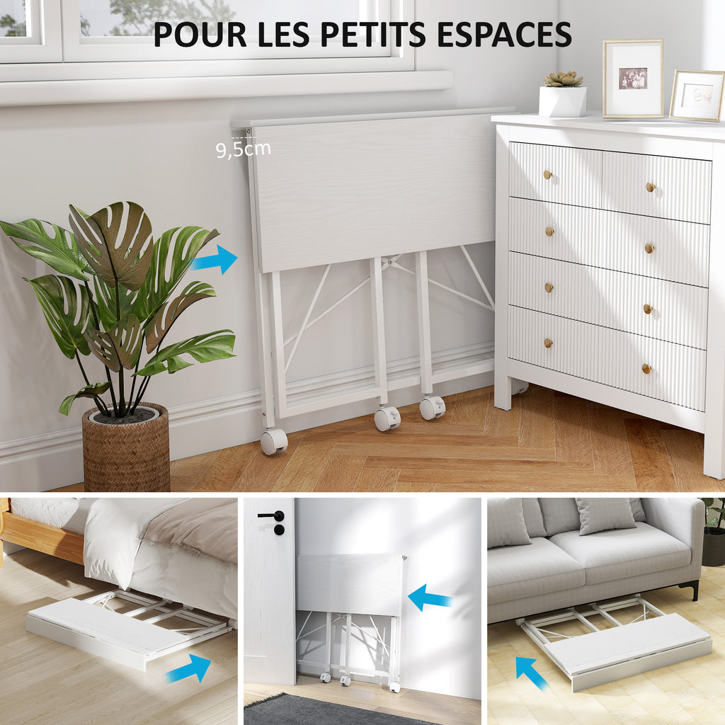 Bureau pliant table d'ordinateur 80 x 40 cm sur roulettes pour bureau à domicile, chambre, petits espaces, blanc-3