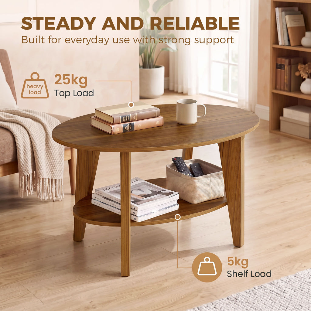 Table Basse Ovale à 2 Niveaux, Table de Salon Moderne avec Étagère Inférieure Ouverte, 80 x 50 x 45 cm, Chêne-7