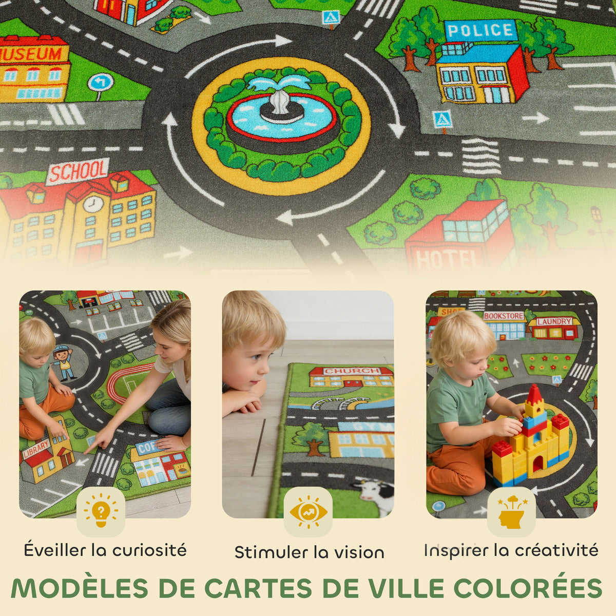 Tapis de jeu pour bébé, tapis de sol antidérapant, motif de route de la ville, 200 x 150 cm, multicolore-4
