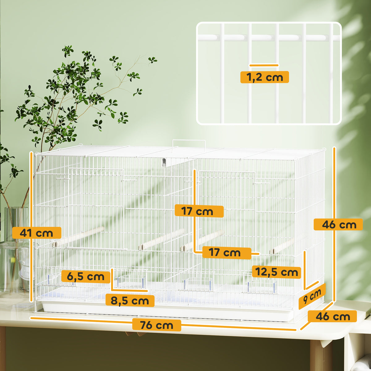 Cage à Oiseaux Volière Intérieur Acier avec Séparateur, 4 Perchoirs, Plateau Coulissant, 4 Mangeoires, 76x46x46cm, Blanc-2