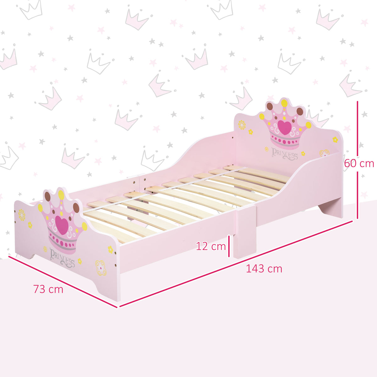 Lit Enfant 140 x 70 cm - lit d'enfant Design Princesse Motif Couronne - sommier à Lattes Inclus - MDF Contre-plaqué Rose-2