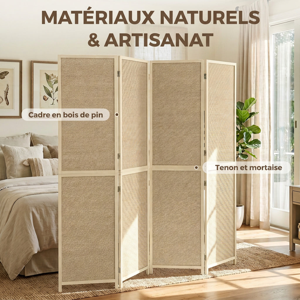 Paravent Interieur en Bambou 4 Panneaux 180x180cm, Séparateur de Pièce Pliable et Portable, Style Bohème, Bois Naturel-4