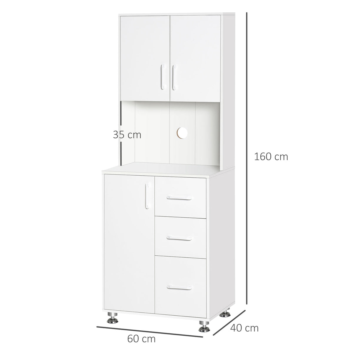 Buffet haut cuisine, armoire de cuisine avec 3 portes, 3 tiroirs et plan de travail, 60 x 40 x 160 cm, blanc-2