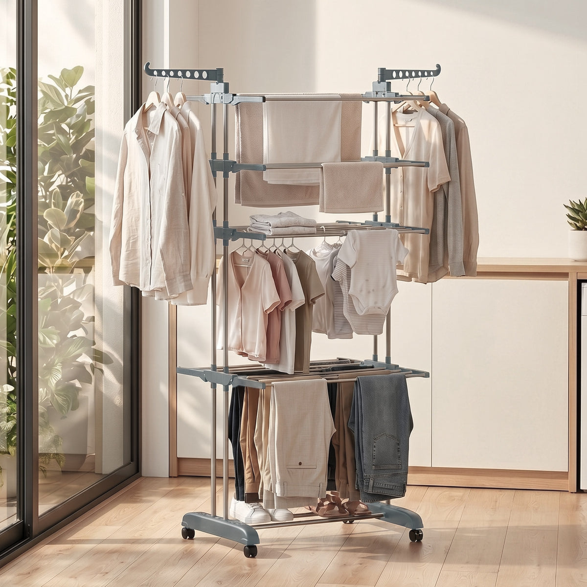 Séchoir à linge pliable 4 niveaux avec roulettes, étendoir linge intérieur avec ailes latérales, cadre en acier, gris-1