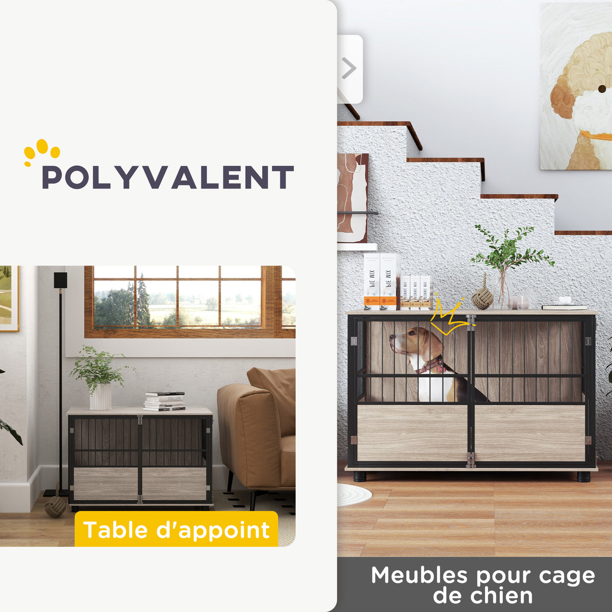 Cage pour chien intérieur, table d'appoint, 100 x 60 x 68 cm, niche, 3 portes verrouillables,  aspect bois noir-4