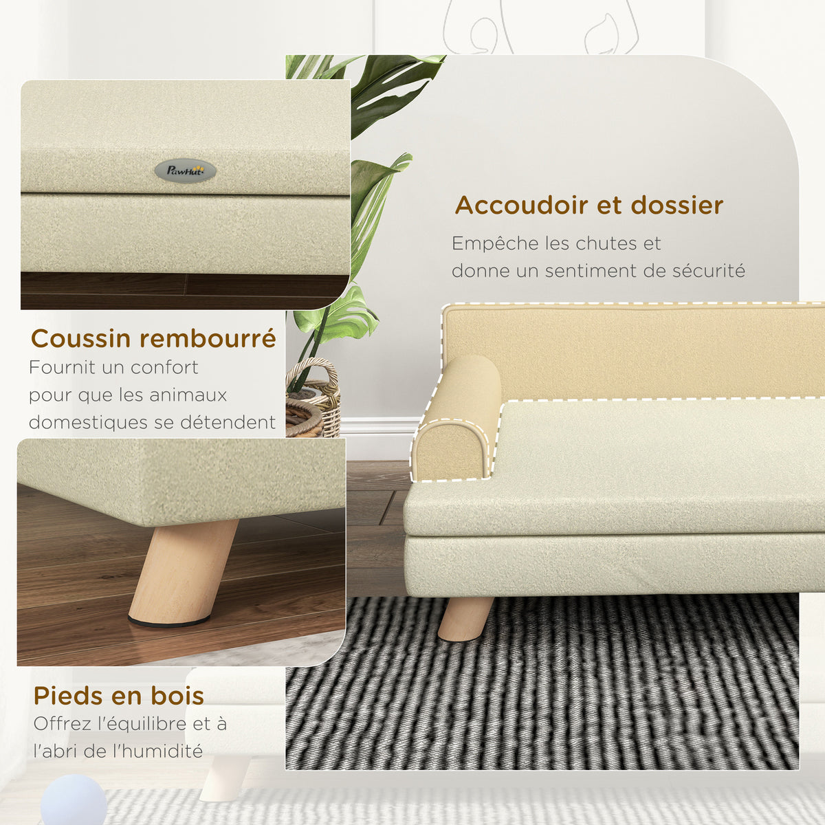 Canapé pour chien chat design scandinave coussin moelleux amovible pieds bois massif 100 x 62 x 32 cm beige-5