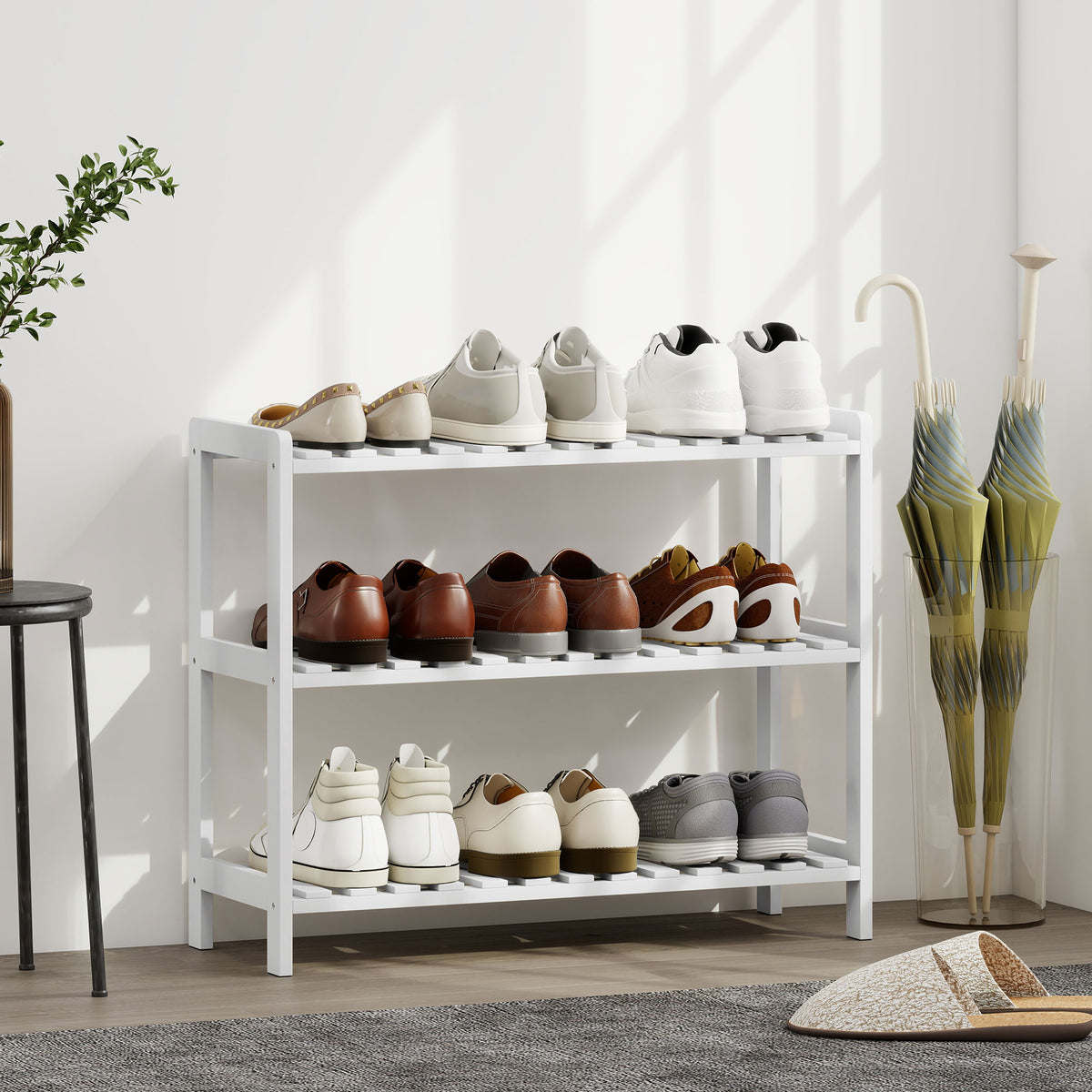 Étagère à chaussures, porte-chaussures 3 niveaux, étagères à lattes, en bois de pin， 70 x 26 x 57,5 cm, blanc-1
