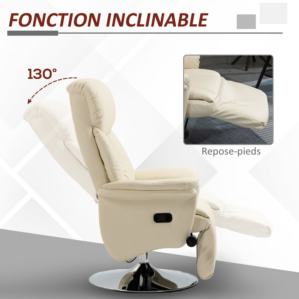 Fauteuil de relaxation inclinable pivotant repose-pied réglable, jusqu'à 150 kg, pour salon, chambre, home cinéma, crème-3