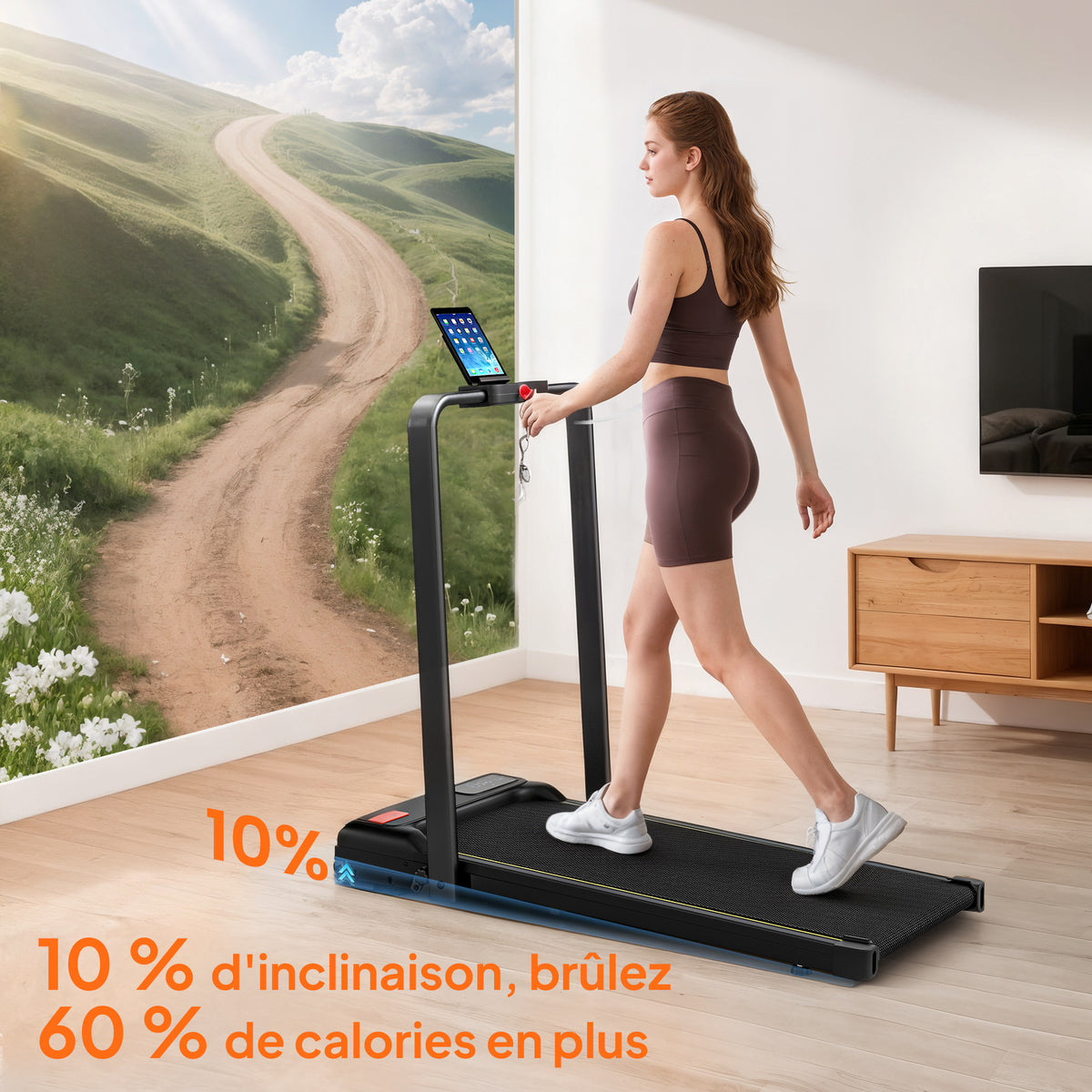 Tapis de marche 2 en 1, tapis de course pliable Inclinaison à 10% 6 KM/H, moteur 2,0 HP, télécommande 109x48x100cm noir-3