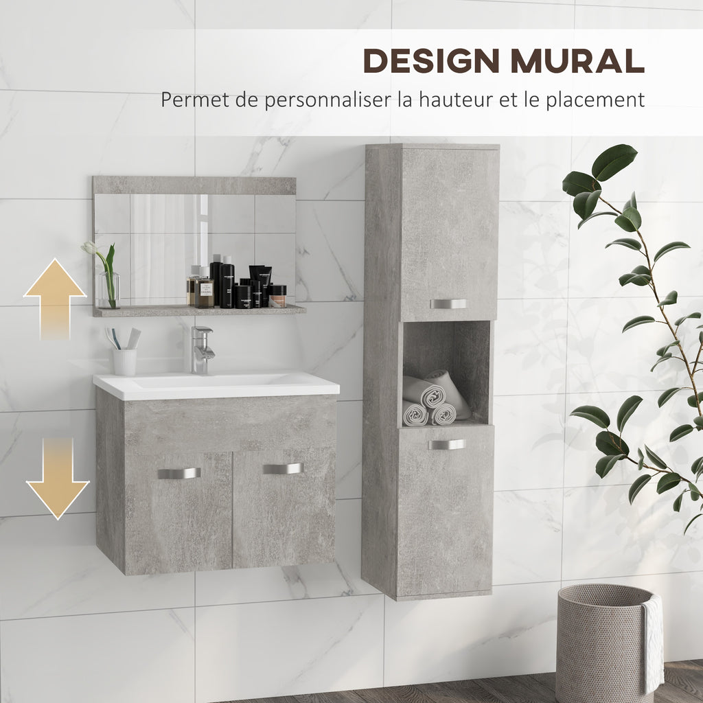 Ensemble de Meubles de Salle de Bain 4 Pièces, Mural, avec Miroir, Meuble sous Vasque, Lavabo et Armoire Haute, gris-4