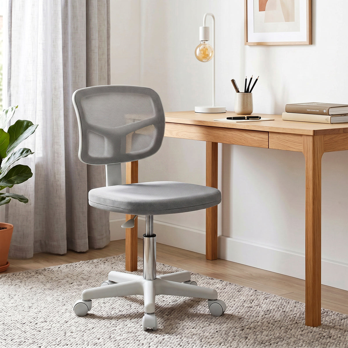 Chaise de Bureau Ergonomique Sans Accoudoirs, Fauteuil de Bureau Pivotant, Dossier Courbé en Maille et Roulettes, Gris-1