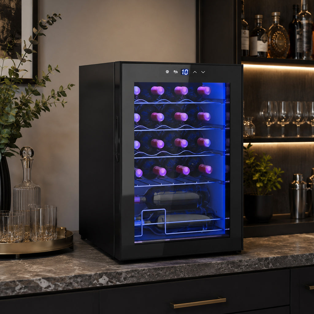 Cave à vin 20 bouteilles 53L haute performance température réglable 5-18° avec lumière LED, noir-9
