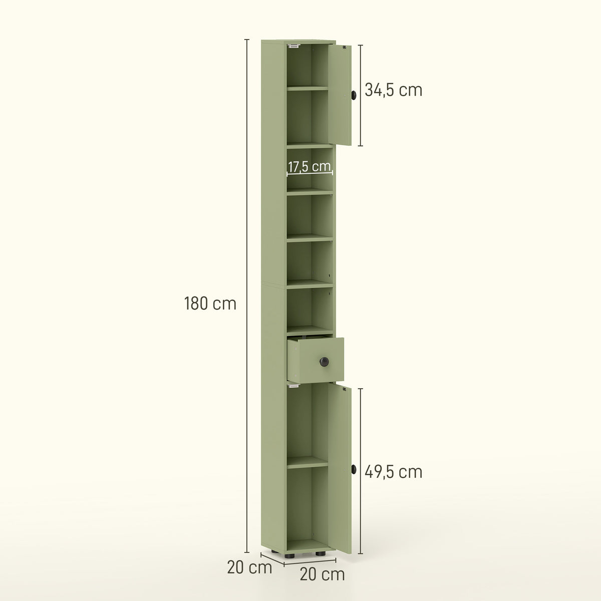Colonne de rangement armoire haute pour salle de bain 1 tiroir 4 étagères réglables et 2 placards 20 x 20 x 180 cm vert-2