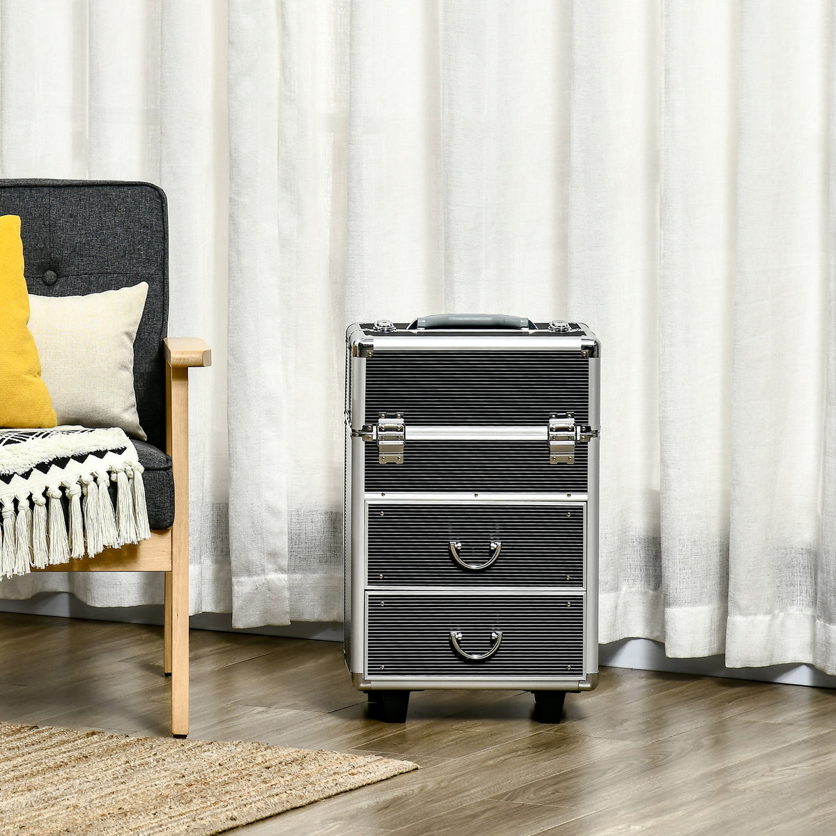 Valise trolley maquillage mallette cosmétique vanity poignée télescopique réglable 36L x 23l x 58H cm alu ABS noir-9
