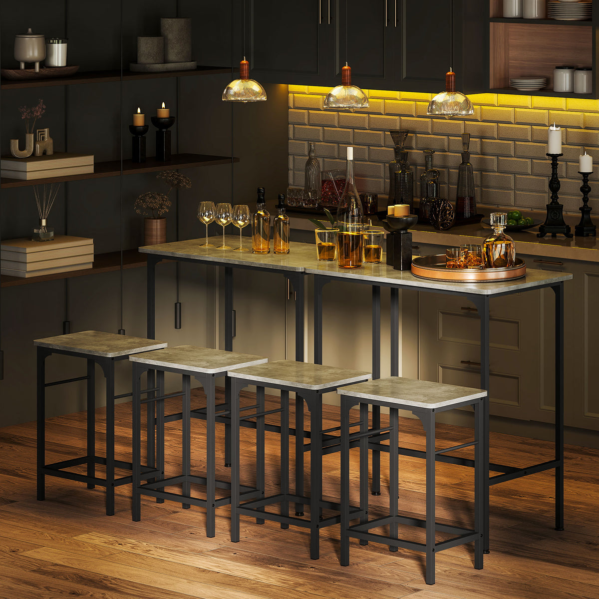 Ensemble table de bar avec 2 tabourets, cadre en acier pour cuisine, salle à manger et salon, gris-6