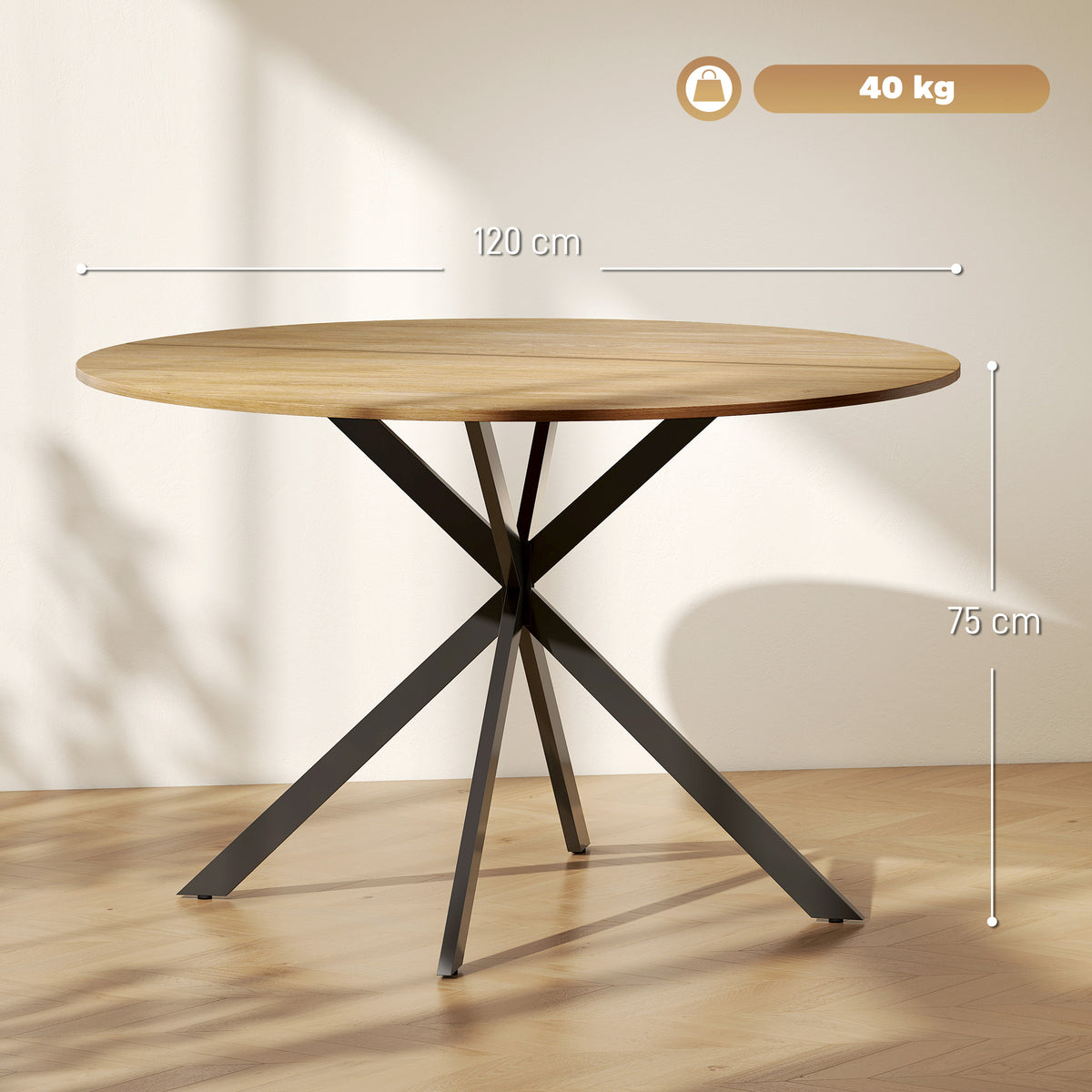 Table à manger ronde pour 4 personnes 120 cm style industriel avec plateau aspect bois, piètement croisé en acier, chêne-2