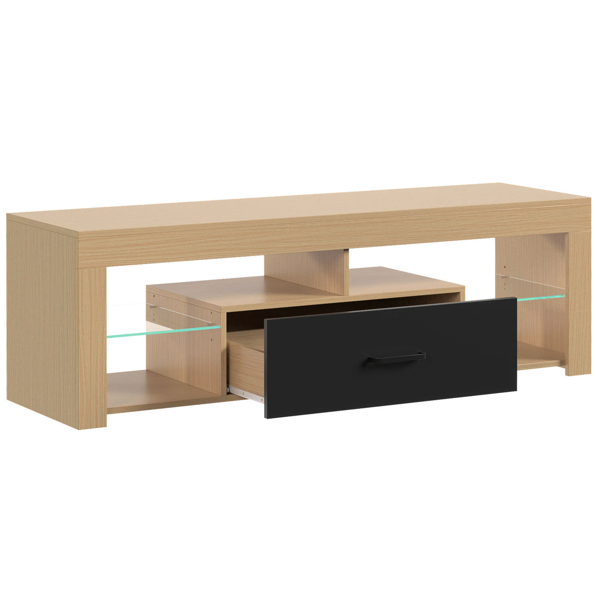 Meuble TV 140 cm, Meuble Télé pour 65 Pouces avec Étagères en Verre Réglables, Tiroir et Compartiments Ouverts, Chêne-0