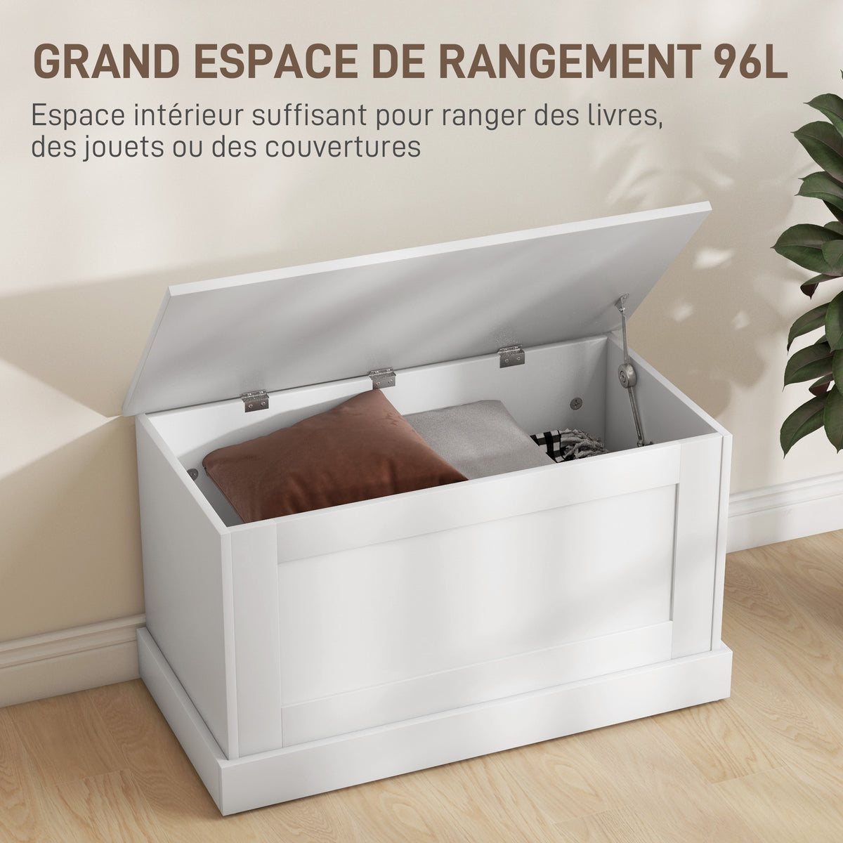 Coffre de rangement, coffre à jouets, avec charnière de sécurité, pour salon, en bois, 80 x 40 x 45 cm, blanc-3