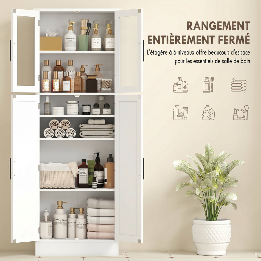 Meuble de salle de bain haut 6 niveaux, meuble de rangement avec 4 portes dont 2 vitrées et étagères réglables, blanc-3