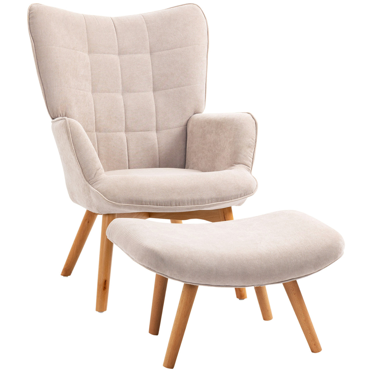 Fauteuil avec repose pied, dossier haut, pieds en bois et tissu aspect velours côtelé, pour salon chambre à coucher beige-0