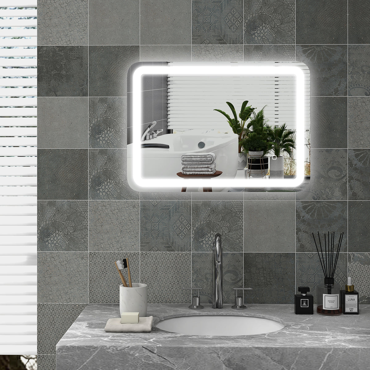 Miroir de salle de bain rectangulaire LED fonction anti-buée luminosité réglable fonction mémoire 70 x 50 cm argent-1