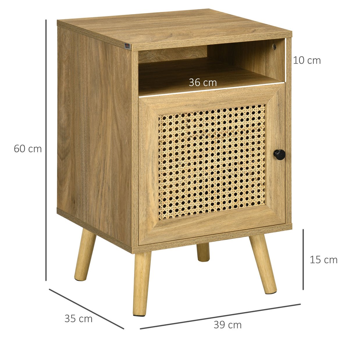 Lot de 2 tables de chevet table de nuit avec placard porte cannage et niche design vintage 39 x 35 x 60 cm naturel-2