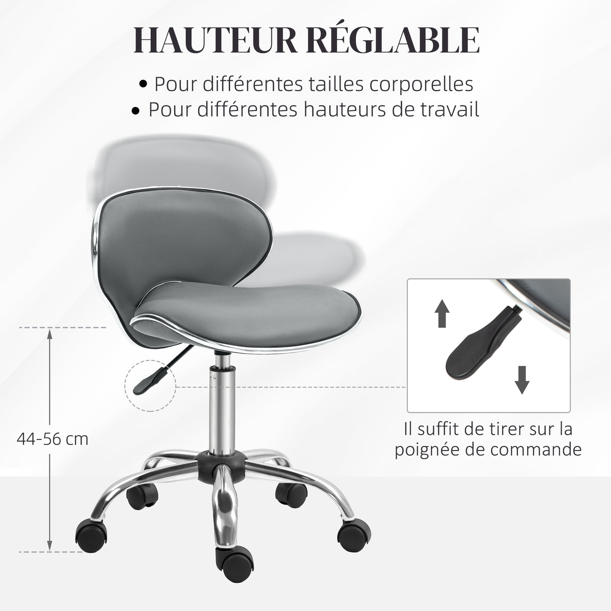 Tabouret à roulettes tabouret de travail avec hauteur réglable 44-56 cm et dossier, pivotant 360°, gris-4