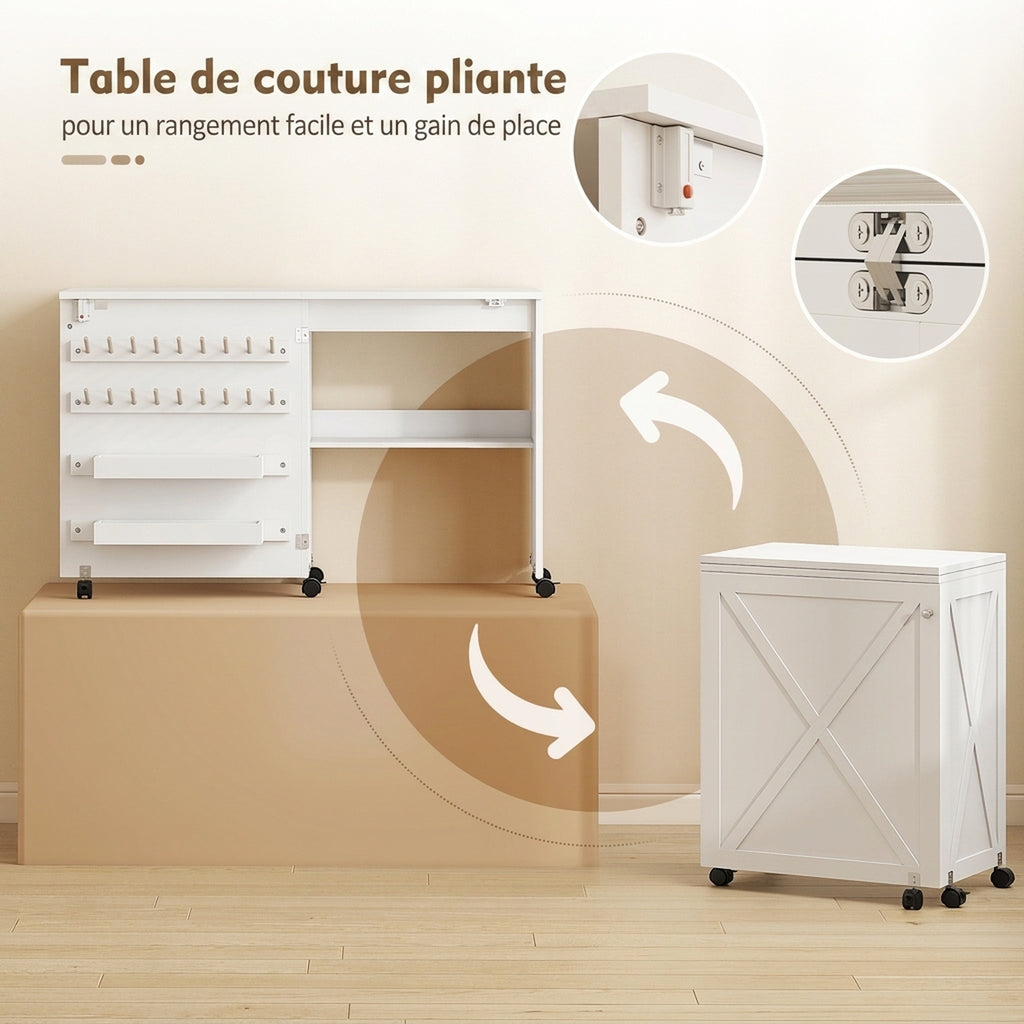 Table de Couture Pliante, Meuble Couture Roulant, Porte Magnétique de Grange, 2 Bacs, Étagère, 18 Chevilles, Blanc-4