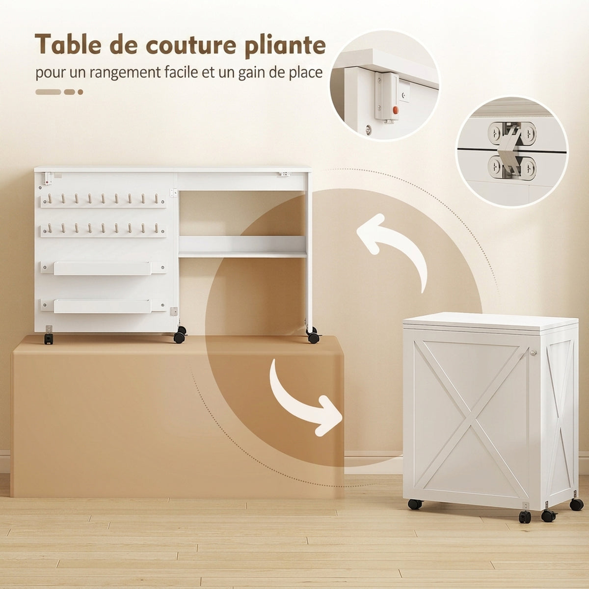 Table de Couture Pliante, Meuble Couture Roulant, Porte Magnétique de Grange, 2 Bacs, Étagère, 18 Chevilles, Blanc-4