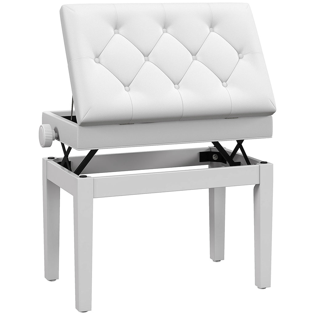 Banc de piano, banc de clavier réglable en hauteur en bois massif, compartiment de rangement, 55 x 33 x 48-58 cm blanc-0