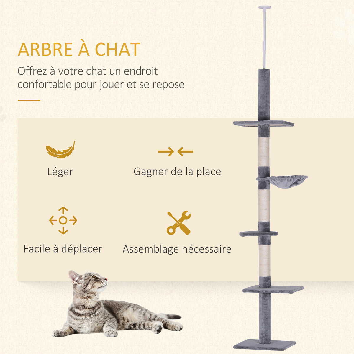 Arbre chat du sol au plafond poteau à griffer L40 x l 34 x H 230-260 cm 5 niveaux d'activités gris-3