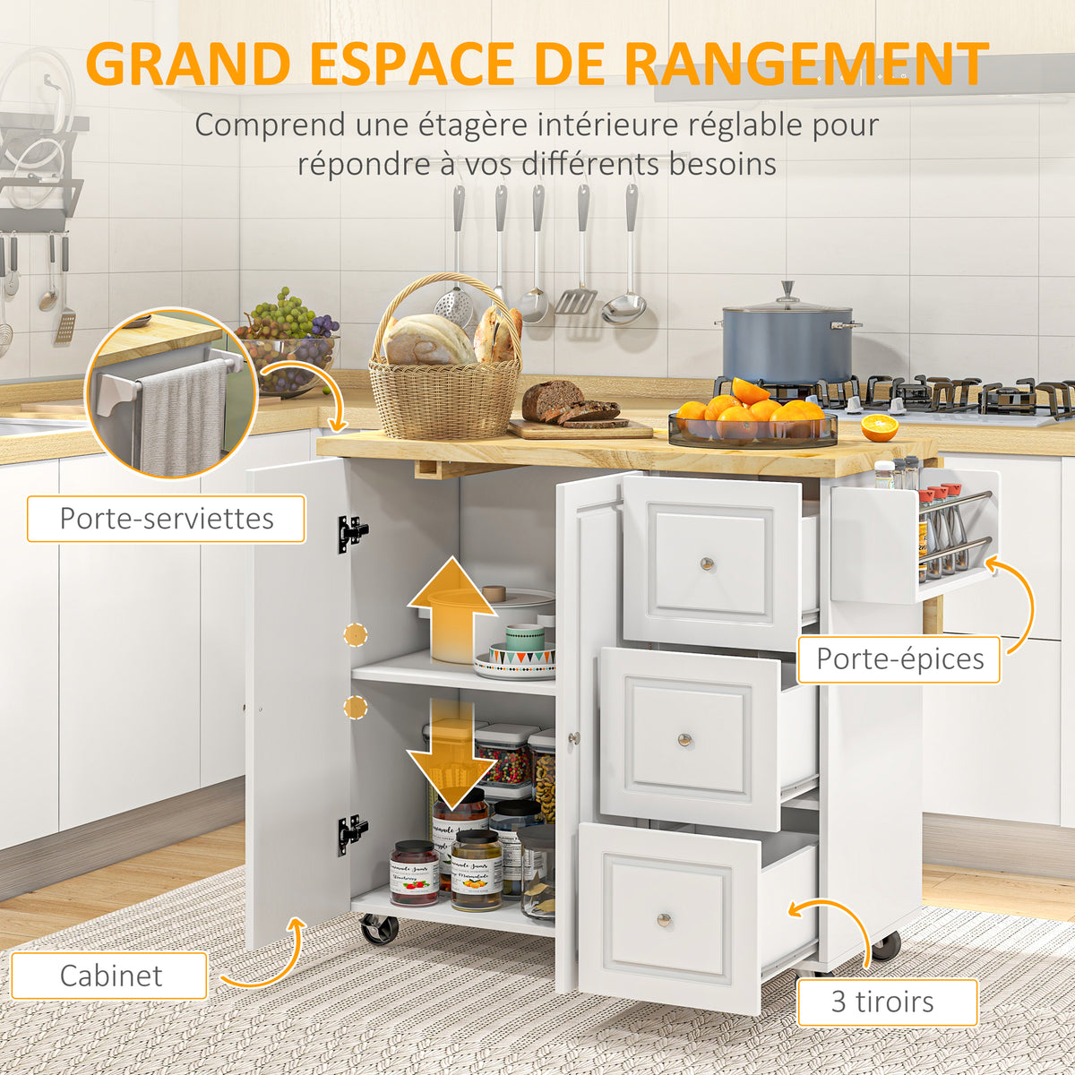 Desserte îlot de cuisineplateau rabattable 3 tiroirs 1 placard porte-torchons et porte-épices 111,5 x 75 x 89 cm blanc-4