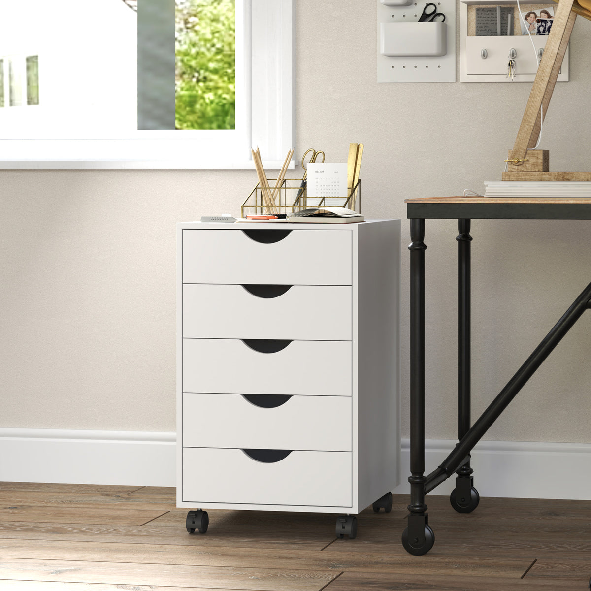 Caisson bureau mobile, meuble rangement sur roulettes avec 5 tiroirs, bois, 40 x 40 x 67 cm, blanc-9