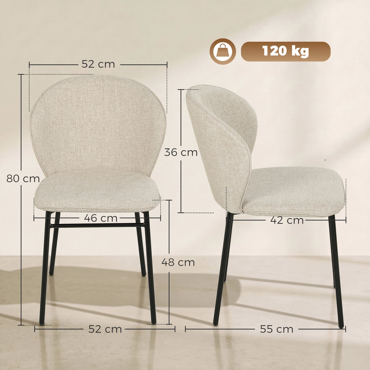 Lot de 2 chaises de salle à manger assise rembourrée en tissu aspect lin pieds en acier stable design moderne crème-2