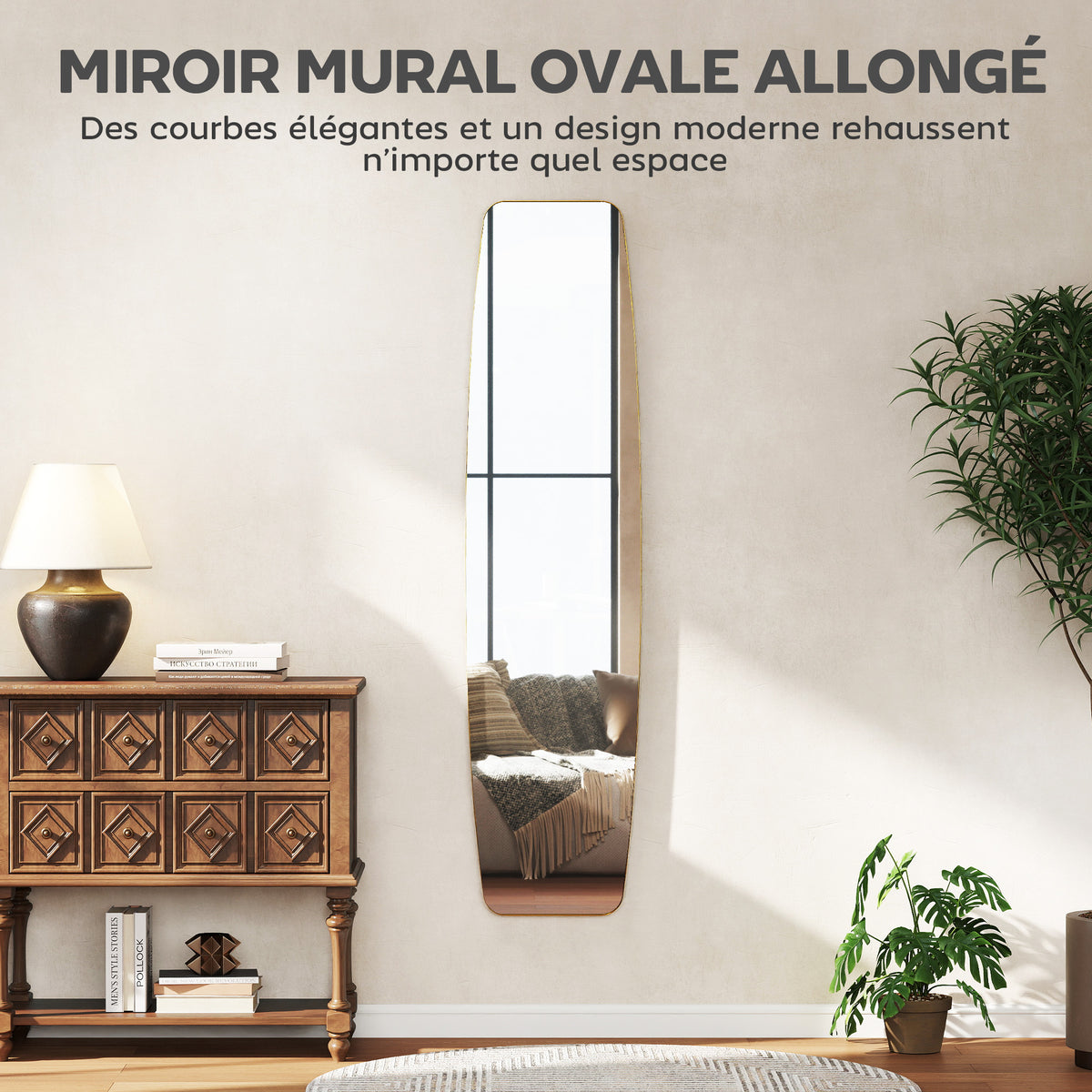 Grand miroir mural ovale 160 x 40 cm, miroir suspendu moderne, cadre en métal et bois, prêt à accrocher, doré-3