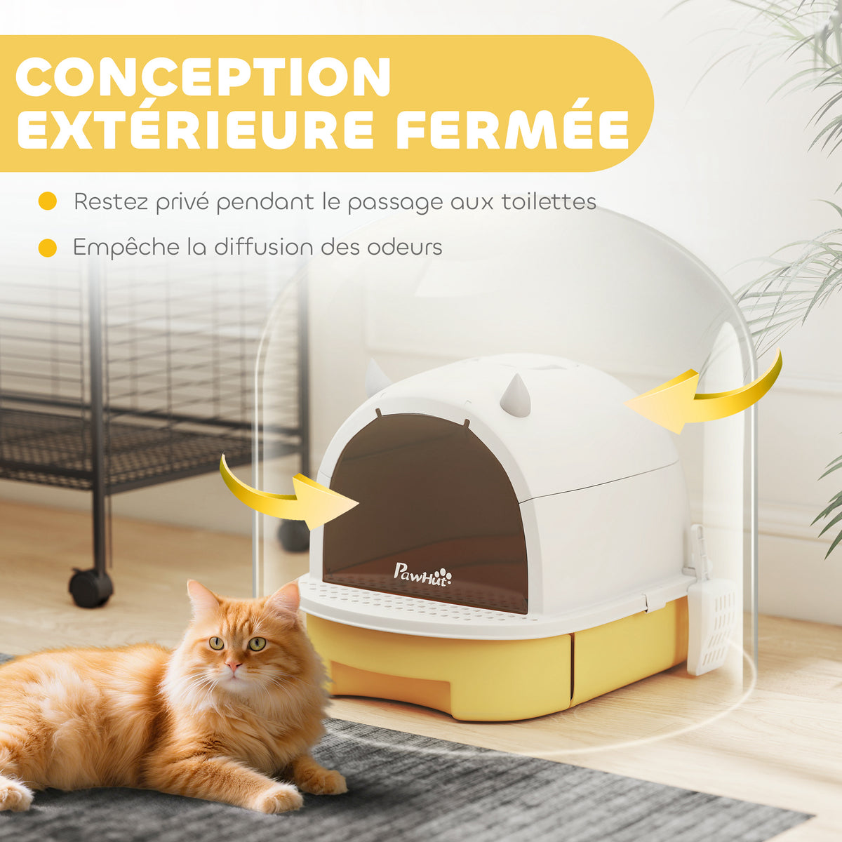 Maison de toilette pour chat bac à litière fermé chat poignée de transport porte translucide 40,5 x 52 x 39 cm jaune-3