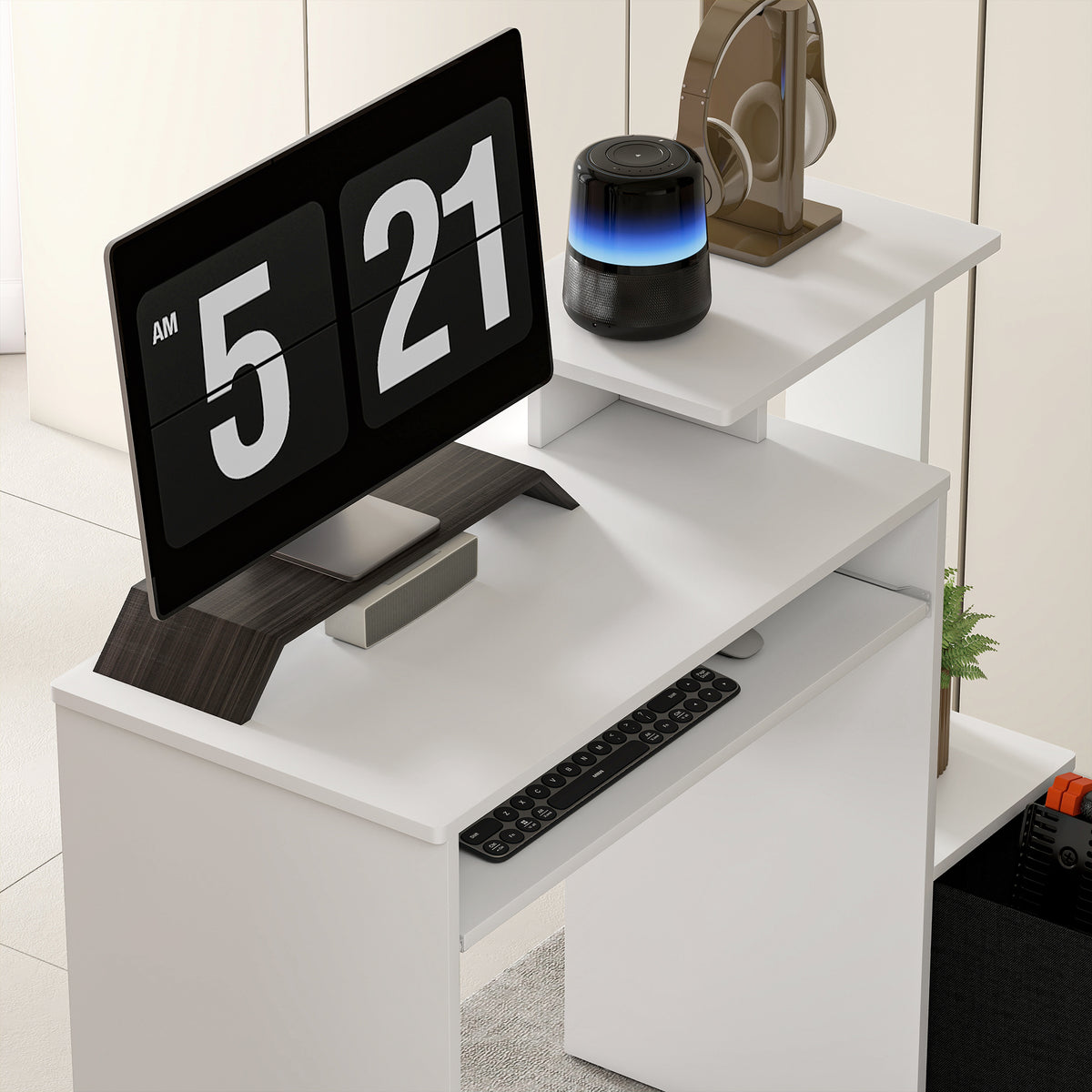 Bureau Informatique multimédia étagères Tablette Clavier Panier Noir Panneaux Particules Blanc-7