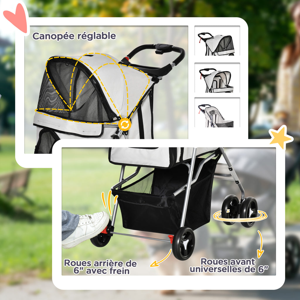 Poussette buggy pour chiens 77L x 45l x 99,5H cm pliable imperméable tissu 600D Oxford 4 roues gris-5